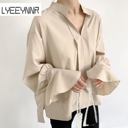 Womens Jackets LYEEYNNR High Quality Temperament Blouse Women Office Lady Solid Colo Simple Shirts Female Flare Sleeve Fashion Blusas Mujer 230815