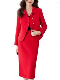Two Piece Dress Elegant Black Red Beige Ladies Skirt Suit Women Female Long Sleeve Formal Set For Autumn Winter Business Work Wear