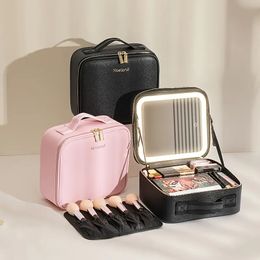 Travel Makeup Bag With Mirror Large Capacity Cosmetic Storage Box Travel Portable Makeup Bag Case With LED Light Mirror Makeup Accessories