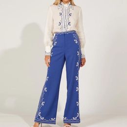 Women's Two Piece Pants 23 Summer Fashion Blue White Embroidery Printed Suits Women Elegant Long Sleeve Single-breasted Shirt Loose Flare