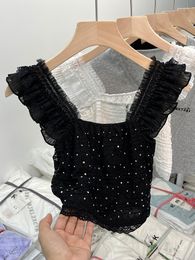 Women's Tanks 2023 Summer Vintage Crop Tops Sexy Y2k Lace Black Tank Top Korean Diamonds Camisole Zipper Off Shoulder Cute T-shirts