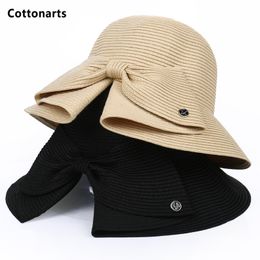 Wide Brim Hats Bucket Hats Bow Anti-UV Sun Hat Cap Wide Brim Summer Hats For Women Beach Panama Straw Dome Bucket Cap Breathable Visor Bonnet 230816
