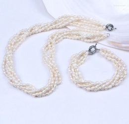 Necklace Earrings Set 5 Rows Natural 4-6mm Freshwater Rice Oval Pearl Bracelet Jewellery