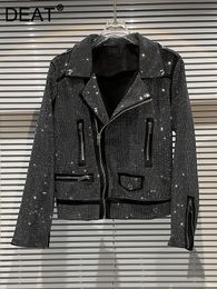 Womens Jackets DEAT Fashion Pockets Zipper Diamond Design Short Coat For Women Long Sleeve Lapel Black Jacket Autumn Female 11XX5225 230815