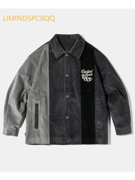 Mens Jackets Stripe Patchwork Corduroy Jacket For Men Harajuku Y2k Embroidery Contrast Jackets Unisex Oversize Casual Baseball Uniform 230815