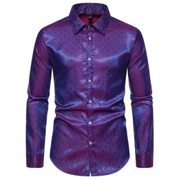 Mens Casual Shirts Purple Jacquard Silk Luxury Shirt Elegant Long Sleeve for Men Male Business Party Wedding Dress Tops 230815