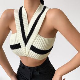 Women's Tanks SEASONS Women Knit Tank Top Contrast Colour Striped Print Cross Neck Sleeveless Camisole Elastic Casual Skinny Vest ASVE84427