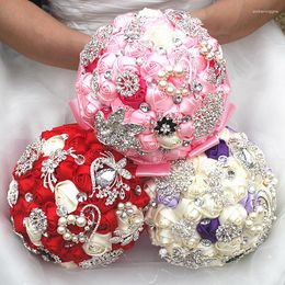 Wedding Flowers Custom Make Bouquets Satin Ribbon Flower Pearls Artificial Bridesmaid Holding Quinceanera W2280