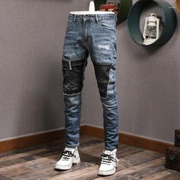 Men's Jeans Streetwear Fashion Men Retro Blue Stretch Elastic Slim Fit Ripped Trousers Patch Designer Hip Hop Pants Hombre