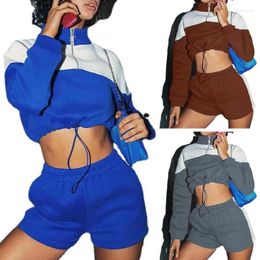 Women's Hoodies Womens 2 Piece Tracksuit Colorblock Half Zipper Long Sleeve Crop Sweatshirt And Elastic Waist Shorts Set With Pockets