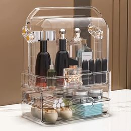 Makeup Organiser For Vanity, Cosmetic Display Cases With Lid, Drawers, Waterproof And Dustproof Transparent Cover, Portable Handle, Storage Box For Skincare