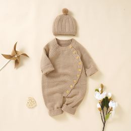 Rompers Baby Girls Rompers Clothes Autumn Solid Long Sleeve Knitted born Infant Boys Onesie Hats Outfits Toddler Children Jumpsuits 230816