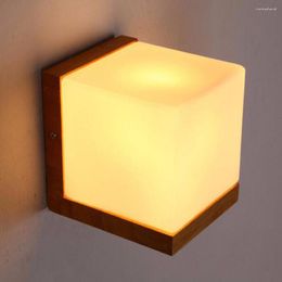 Wall Lamps Modern Brief Oak Wood Lamp Fashion Design Frosted Glass Light Square Sconces Minilism Solid Fixtures Lighting E27