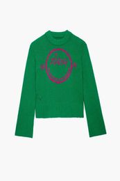 Zadig voltaire pullover sweater french small crowd ZV knitted sweaters face letter hanging wool green wool sweater Women's sweater