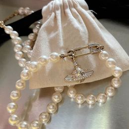 T GG Necklaces Premium Pin Pearl Pendant Necklace Designer 925 Silver Full Diamond Planet Choker Collarbone Chain For Women