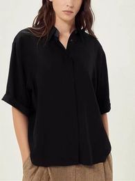 Women's Blouses Women Rolled Sleeve Silk Shirt Beadings Covered Buttons Simple Female White Or Black Summer 2023