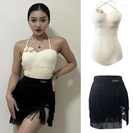 Stage Wear Women Latin Dance Clothes White Bodysuit Black Fringed Skirt Backless Costume Practise SL8770