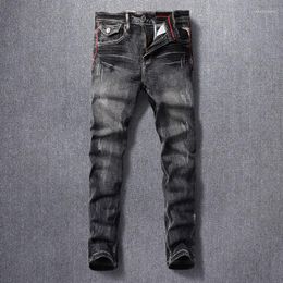 Men's Jeans Italian Style Fashion Men Retro Black Grey Elastic Slim Fit Ripped Trousers Vintage Designer Denim Pants Hombre