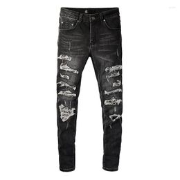 Men's Jeans Light Grey Black Streetwear Distressed Destroyed Hole Bandanna Patches Moustache Scratched Slim Ripped High Stretch Skinny