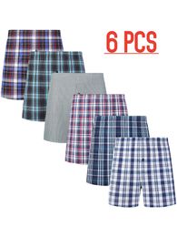Underpants 6pcs Boxer Shorts Casual Plaid Elastic Waistband Button Mens Underwear Woven For Home 230815