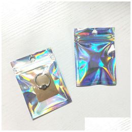 Packing Bags Wholesale 7X10Cm Small Gift Hologram Packaging Plastic With Hanger Hole Flat Bottom Zip Lock Sealing Drop Delivery Office Dhrqv