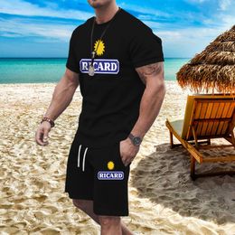 Men's Tracksuits Summer Ricard Men Short Sleeve Shirt Black Set 2 Piece Outfit Suits Fashion O Neck Oversized T-shirt Shorts