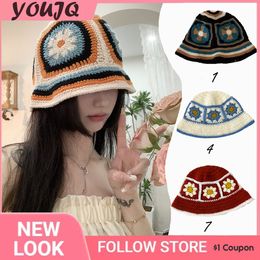 Wide Brim Hats Bucket Hats Y2k Vintage Korea Handmade Knitted Crochet Bucket Hats for Women Summer Beach Cap Flower Hollow Bob Sombreros De Mujer 230816