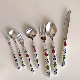 Dinnerware Sets Retro Flower Ceramic Handle Stainless Steel Knife Fork Spoon Dessert Coffee Kitchen Tableware