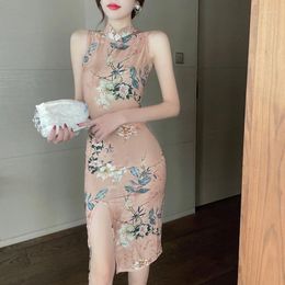 Casual Dresses Women Summer Sexy Dress Chinese Style Sleeveless Retro Printed Vestidos Slim Nightclub Modified Cheongsam Split Chi-pao