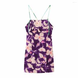 Casual Dresses Woman Vintage Purple Slim Print Mini Dress 2023 Summer Female Beach Sling Floral Ladies Chic Backless Short