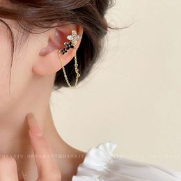 Backs Earrings Clear Zircon Black Drop Glaze Golden Flower For Woman Fashion Chain Tassel Ear Clip Piercing Fake Pircing Bride Gift