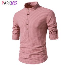 Mens Casual Shirts Pink Vertical Striped Henley Men Brand Roll Sleeve 100% Cotton Dress Button Down Chemise 2XL 230815