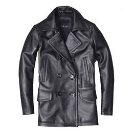 Men's Jackets Men's Genuine Leather Jacket Male Cowhide Overcoat Autumn Winter Business Coat Trench Style Double Breasted Clothes Calfskin 230815