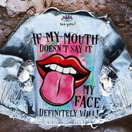 Womens Jackets Autumn Selling Street INS Net Red With The Same PLayful Girl Tongue Out Print Pattern Lapel Denim Jacket 230815