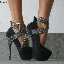 Dress Shoes Rontic 2023 Handmade Women Platform Pumps Faux Suede Stiletto Heels Round Toe Elegant Black US Size 5-20