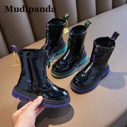Boots Children's Boots Patent Leather Boots Kid's Zipper Shoes 2023 New Girl's Green Antiskid Fashion Boats Girls Short Boots Shoes J230816