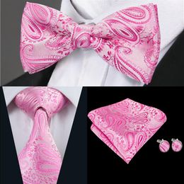 Hi-Tie Fashion Mens Tie Pink Floral Bowtie Woven With Handkerchief Cufflinks For Mens Wedding Dress Suit LH-0702 D-0379279z