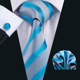 Silk Tie Set for Men Blue Stripe Hankerchief Cufflinks Jacquard Woven Mens Tie Set Wedding Business Work Formal N-0568186B