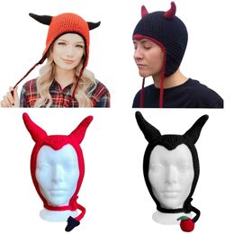 Beanie/Skull Caps Knit Devil Hat Earflap Beanies Earflap Hat Y2k Devil Horn Hat Beanies Little Devil Hat Y2K Beanies Halloween Funny Hat 230815