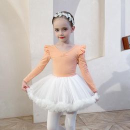 Stage Wear Children Ballet Tutu Dress Team Basic Long Sleeve Leotard With Skirt Kid Dancewear Ballerina Outfit For Girls Toddler Ruffle