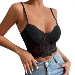 Women's Tanks Womens Tops Sexy Tank Slim Lace Vest Deep-V Spaghetti Strap Top Vintage Push Up Base Solid Colour Basic Bra Black Undershirt