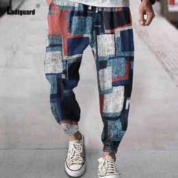 Men's Pants Ladiguard 2023 Pocket Design Linen Drawstring Loose Plaid Printed Trouser Plus Size 5xl Mens Patchwork Sweatpants