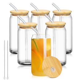 ca/usa Warehouse 16oz Drinking Glasses Beer Glass Cups with Bamboo Lids and Glass Straws