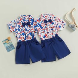 Clothing Sets Independence Day Boys Summer Clothes Sets 1-6Y Flag/Hat Print Short Sleeve Button Shirt Casual Shorts