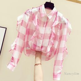 Women's Blouses Plaid Shirt Women 2023 Spring And Summer Korean Style Long Sleeve Loose Lotus Leaf Chiffon Blouse Girls Ladies All-Match Top