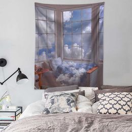 Tapestries Dream Blue Sky Cloud Tapestry Wall Hanging Window Moon Landscape Wall Cloth Tapestry Bedroom Dorm Aesthetic Room Decor