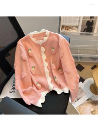 Women's Knits Women Kawaii Pink Cardigan Knitted Sweater Fashion Ladies Long Sleeve Knit Korean Y2K Vintage Jumper Sweaters Top 2023