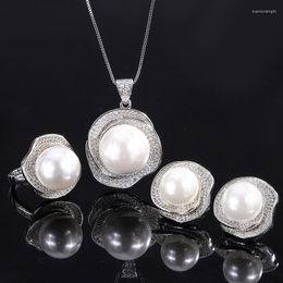Necklace Earrings Set Luxury White Shell Bead Rose Geometric Diamond Individually Wrapped Ring Pendant Women's Fine