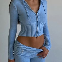 Women s Two Piece Pants Solid Knitted 2 Set Tracksuit Long Sleeve Zipper Hooded Sweater Jackets Crop Top Flare Stretchy Matching Suit 230815