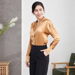 Women's Blouses Birdsky 1PC Women Shirt Blouse Shirts Tops V Flap Long Sleeve Mulberry Silk Solid Colors S-586